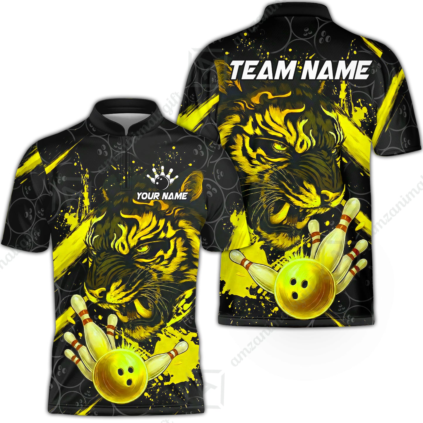 Customized Bowling Unisex Polo Shirt, Tiger Ball Striking Pins, Bowling Uniforms, Personalized Name And Team Name
