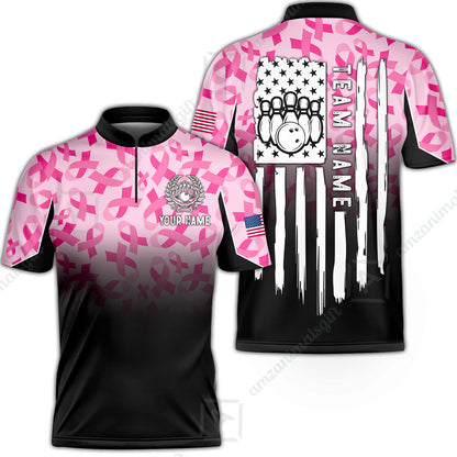 Custom Bowling Jersey Polo Shirt, Ribbon Breast Cancer Awareness Flag, Custom Bowling Jersey Team Shirt For Players With Name and Team Name