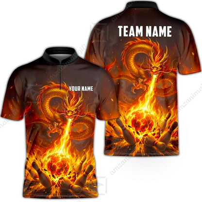 Custom Bowling Jersey Polo Shirt, Asian Dragon's Fire Strike, Custom Bowling Jersey Team Shirt For Players With Name & Team Name