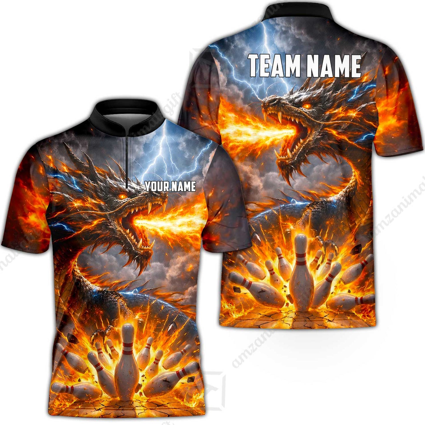 Customized Blazing Fire Dragon & Thunder Strike Bowling Jersey, Custom Name And Team Name For Bowlers