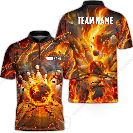 Custom Bowling Jersey Polo Shirt, Fiery Inferno Strike, Custom Bowling Jersey Team Shirt For Players With Name and Team Name