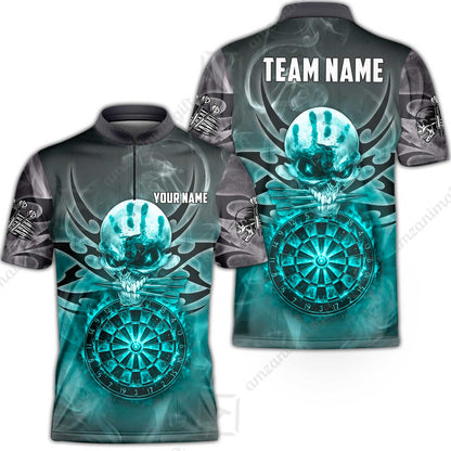 Custom Darts Jersey Polo Shirt, Glowing Fire Skull Tribal, Custom Dart Jersey Team Shirt For Players With Name & Team Name
