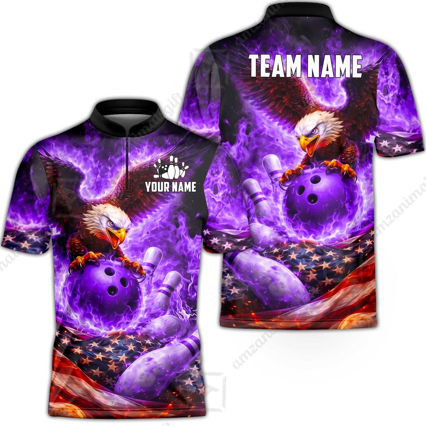 Custom Bowling Jersey Polo Shirt, Patriotic Blue Fire Eagle, Custom Bowling Jersey Team Shirt For Players With Name and Team Name
