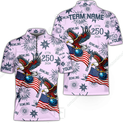 Custom Bowling Jersey Polo Shirt, USA 250 Years of Independence Bowling, Custom Bowling Jersey Team Shirt For Players With Name and Team Name