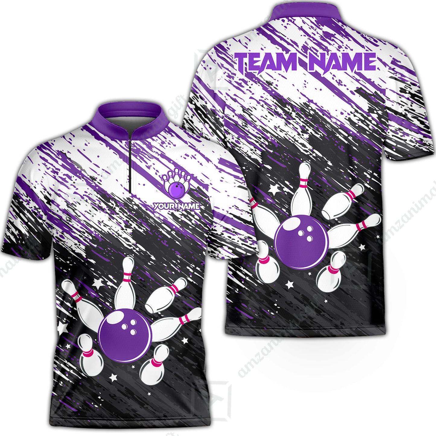 Customized Bowling Unisex Polo Shirt, Floral Pattern Black Purple Brush Wrap Abstract, Personalized Name Team Name