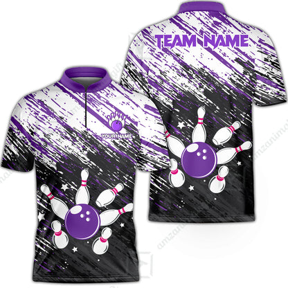 Customized Bowling Unisex Polo Shirt, Floral Pattern Black Purple Brush Wrap Abstract, Personalized Name Team Name