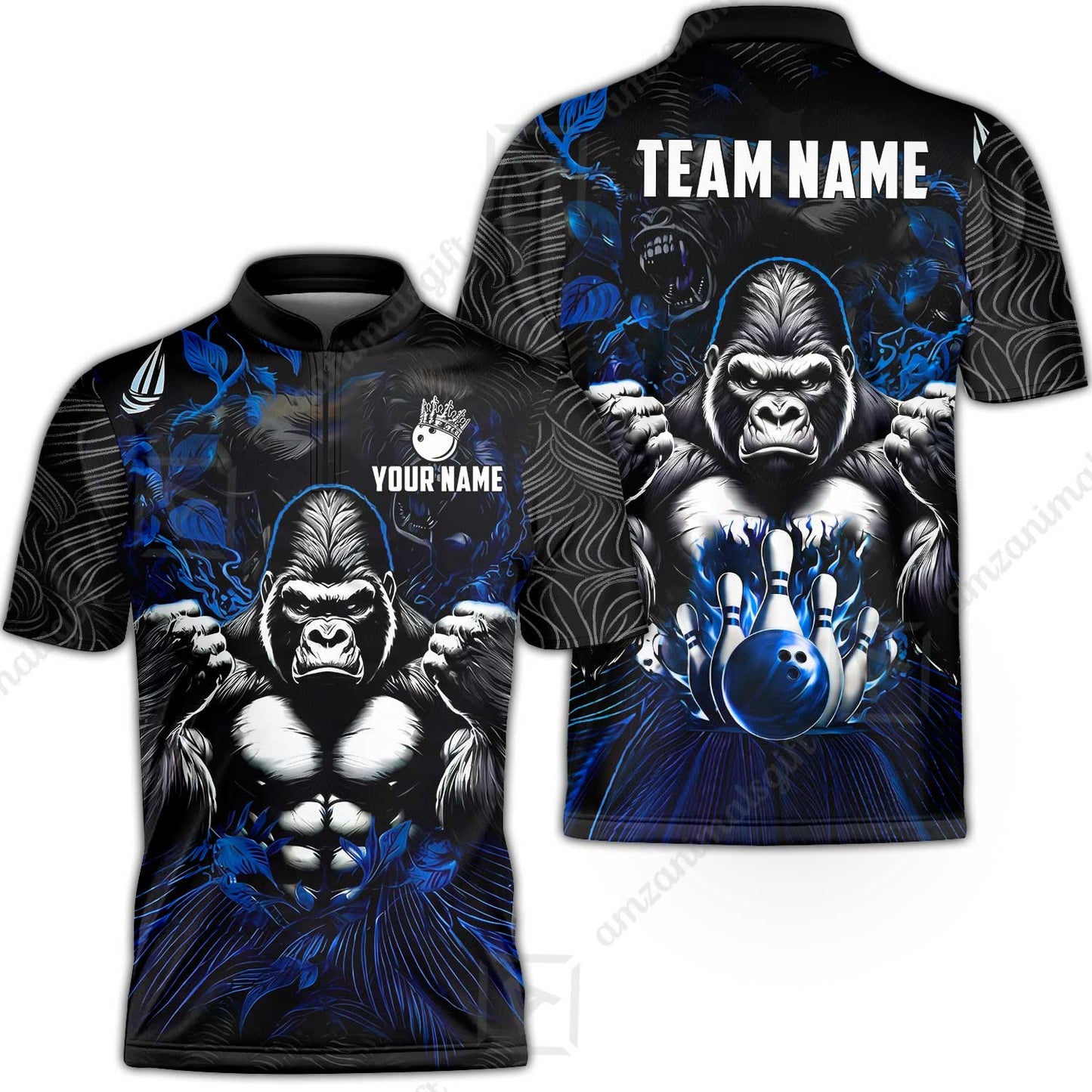 Custom Bowling Jersey Polo Shirt, Furious Gorilla Mascot, Custom Bowling Jersey Team Shirt For Players With Name & Team Name