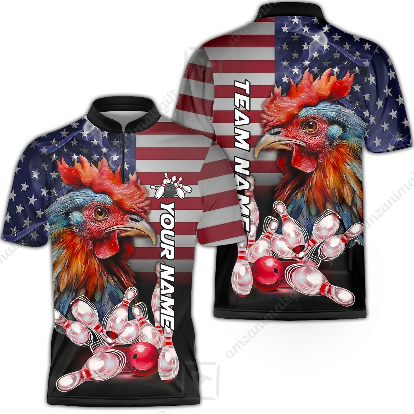 Custom Bowling Jersey Polo Shirt, Colorful Rooster Bowling Custom Bowling Jersey Team Shirt For Players With Name & Team Name