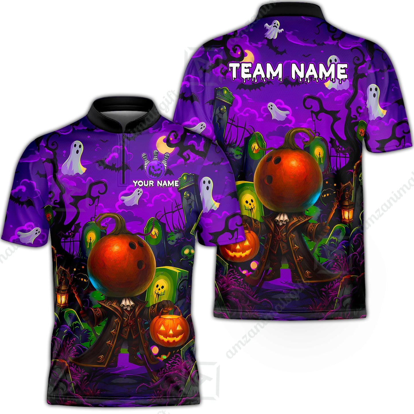 Custom Bowling Jersey Polo Shirt, Halloween Spooky Strike, Custom Bowling Jersey Team Shirt For Players With Name & Team Name