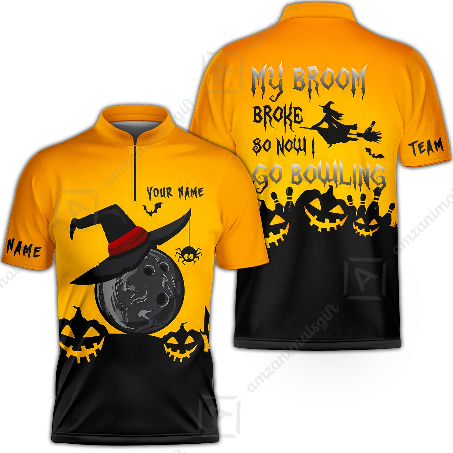 Custom Bowling Jersey Polo Shirt, Halloween My Broom Broke So Now I Go Bowling, Personalized Name And Team Name