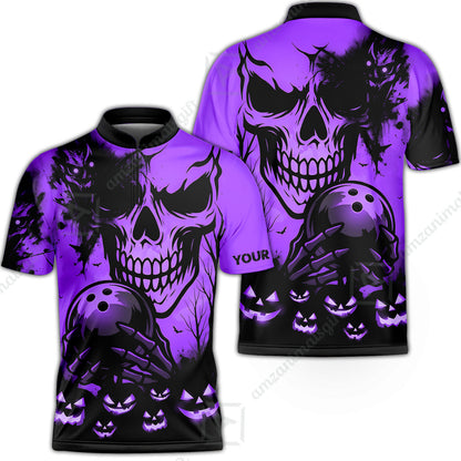 Custom Bowling Jersey Polo Shirt, Pumpkins Skull Halloween, Custom Bowling Jersey Team Shirt For Players With Name & Team Name
