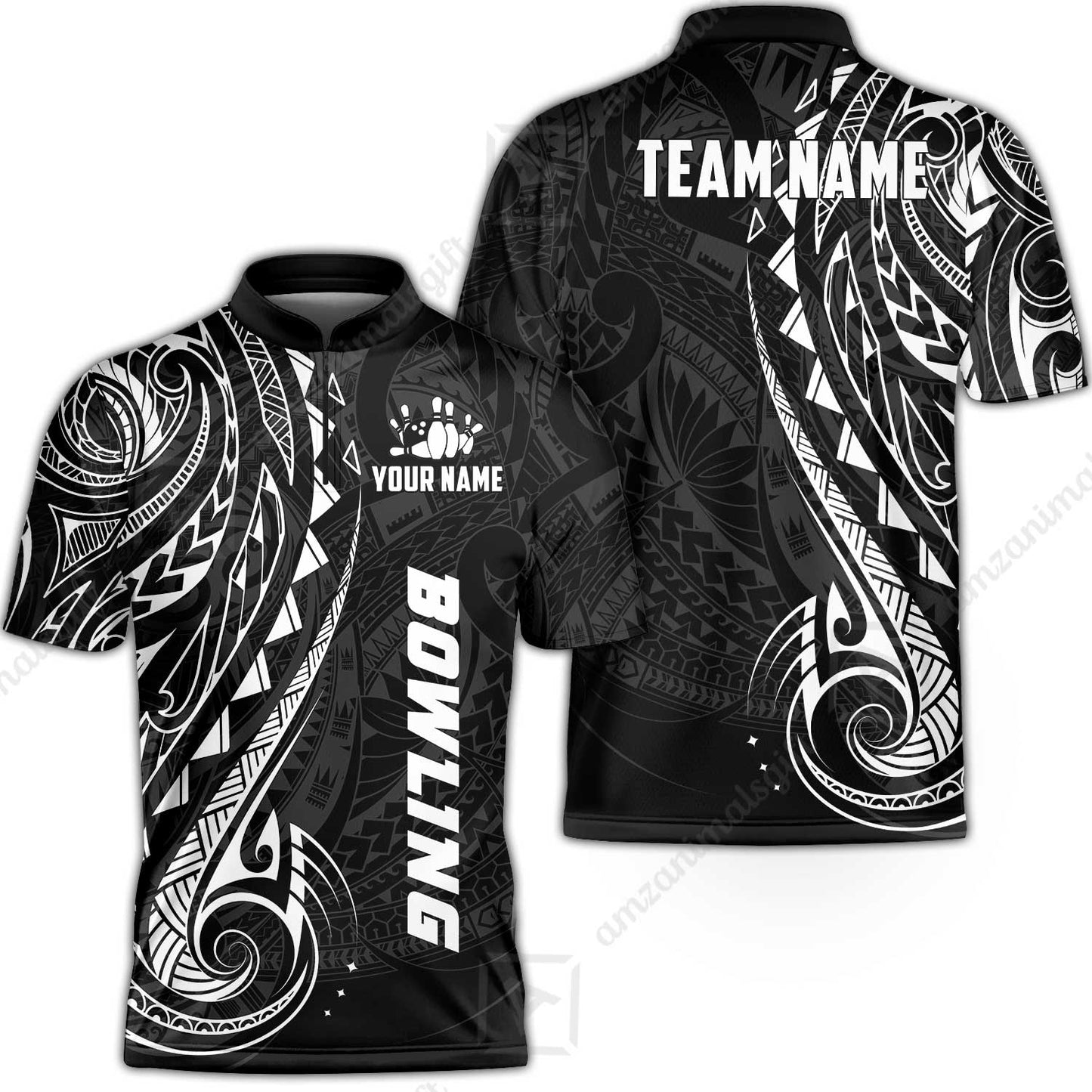 Custom Bowling Jersey Polo Shirt, Polynesian Maori Tribal Tattoo Bowling, Custom Bowling Jersey Team Shirt For Players With Name and Team Name