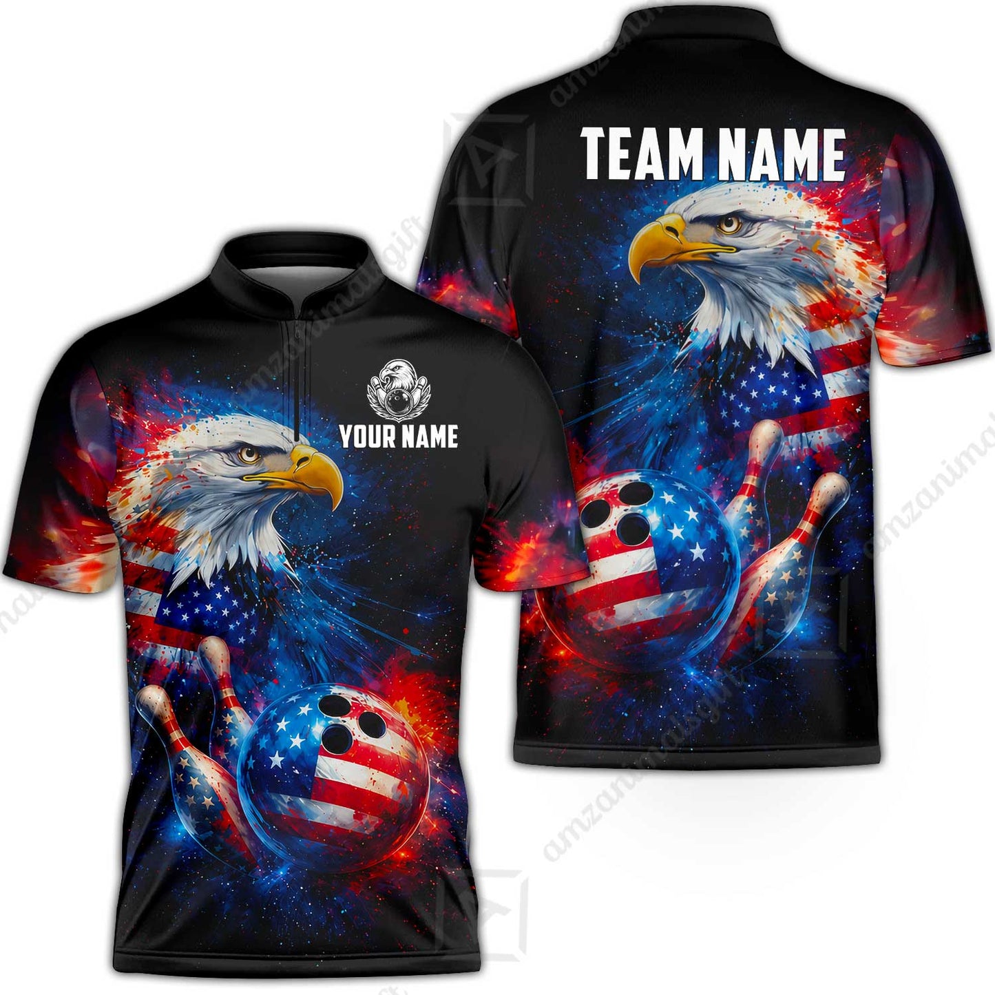 Customized Patriotic Galaxy Eagle Strike Bowling Jersey, Custom Name And Team Name For Bowlers