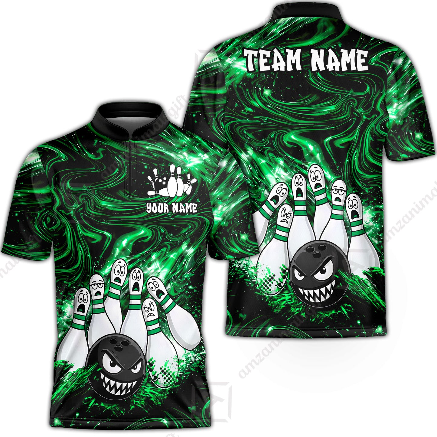 Customized Bowling Unisex Polo Shirt, Bowling Angry Ball VS Screaming Pins, Personalized Name And Team Name