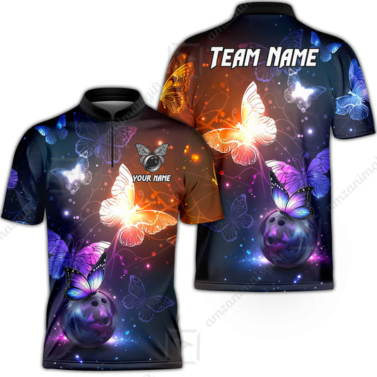 Custom Bowling Jersey Polo Shirt, Magical Glowing Butterfly Galaxy Pattern, Custom Bowling Jersey Team Shirt For Players With Name & Team Name