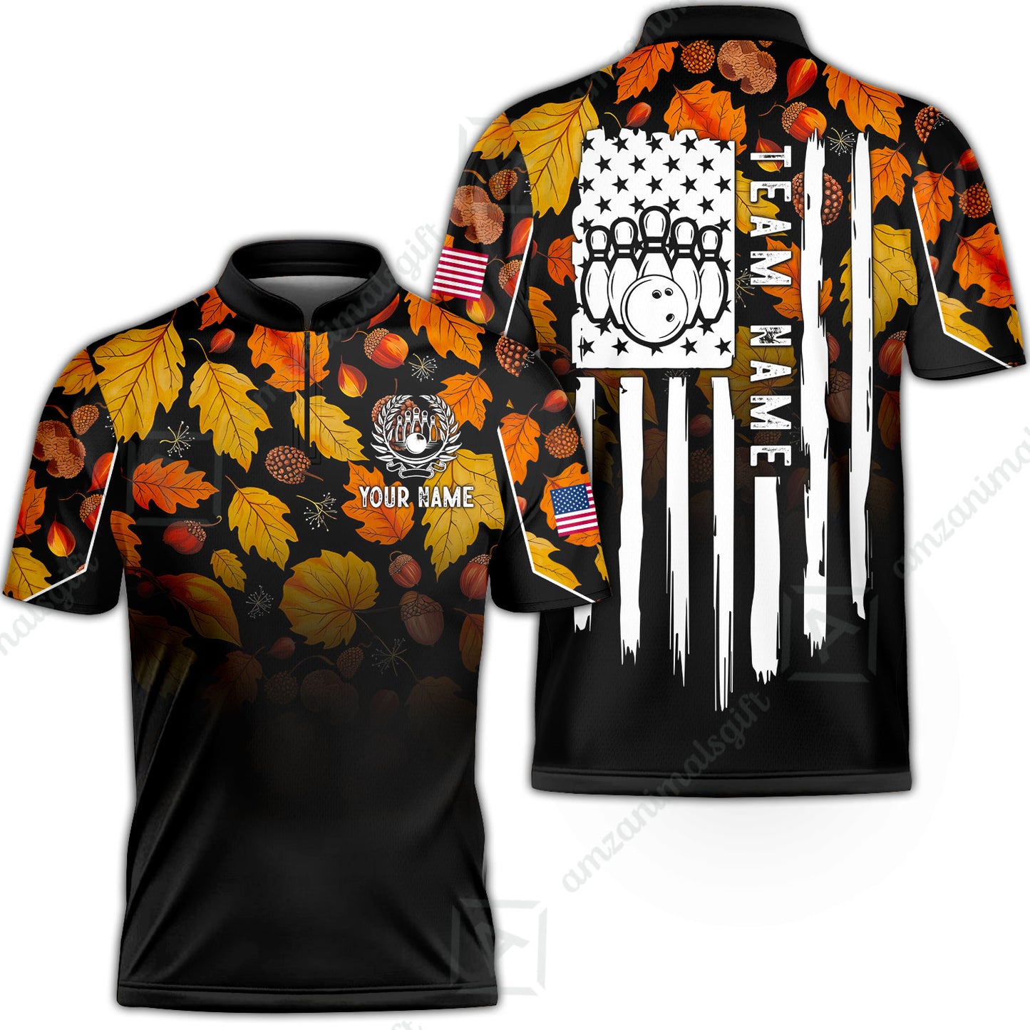 Custom Bowling Jersey Polo Shirt, Autumn Leaves Patriotic Vertical Flag, Custom Bowling Jersey Team Shirt For Players With Name and Team Name