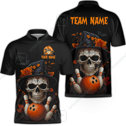 Customized Bowling Shirt, Halloween Skull Witch, Personalized Polo Shirt For Players With Name & Team Name