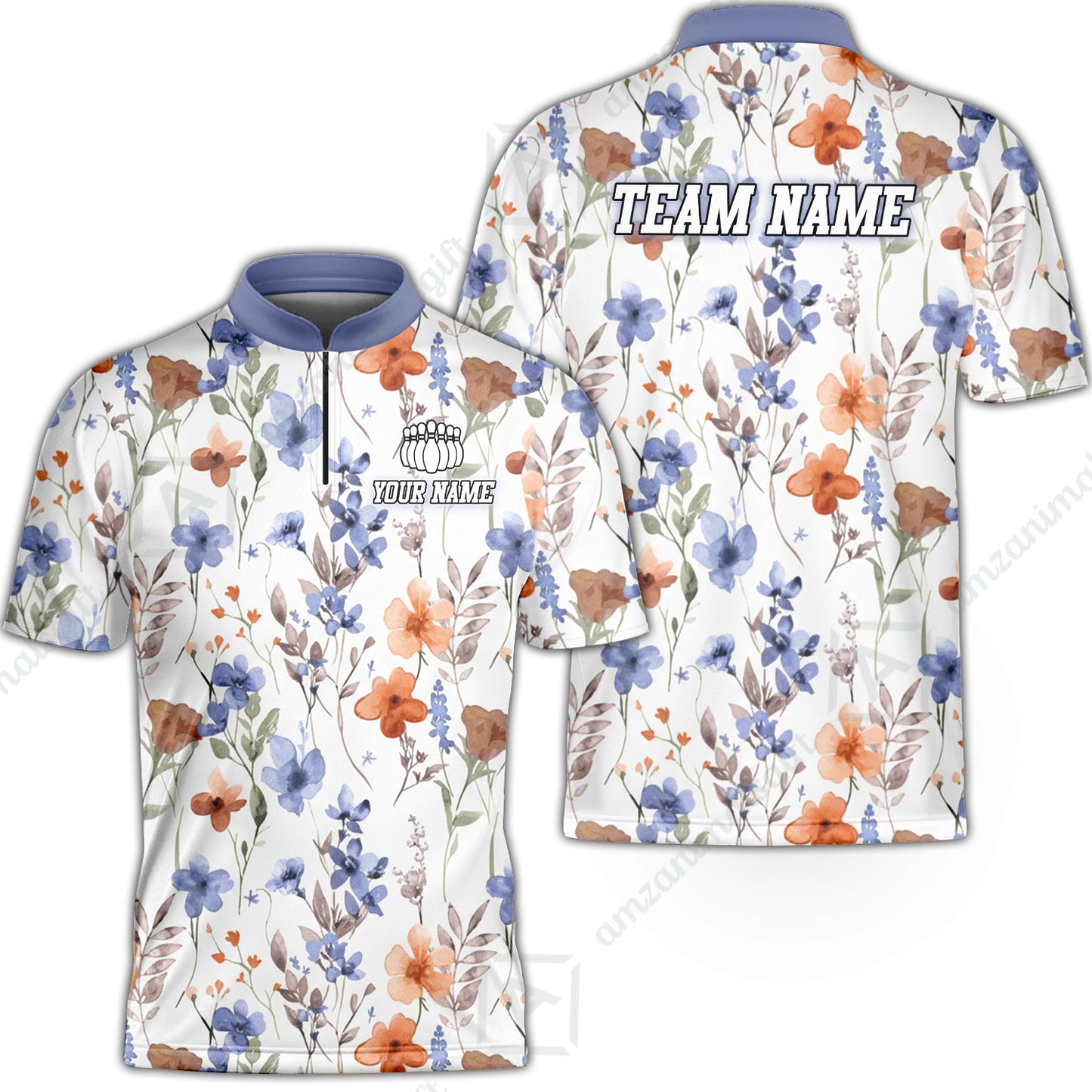Customized Bowling Unisex Polo Shirt, Watercolor Floral Blossom Pattern, Bowling Uniform - Personalized Name Team Name