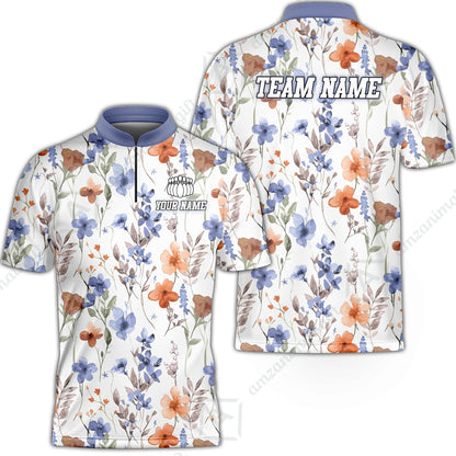 Customized Bowling Unisex Polo Shirt, Watercolor Floral Blossom Pattern, Bowling Uniform - Personalized Name Team Name