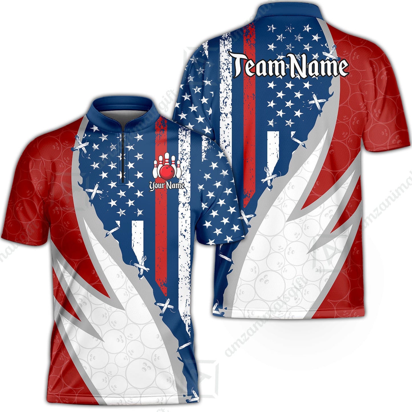 Custom Bowling Jersey Polo Shirt, Thin Red Line With Vintage Distressed American Flag, Personalize Name and Team Name