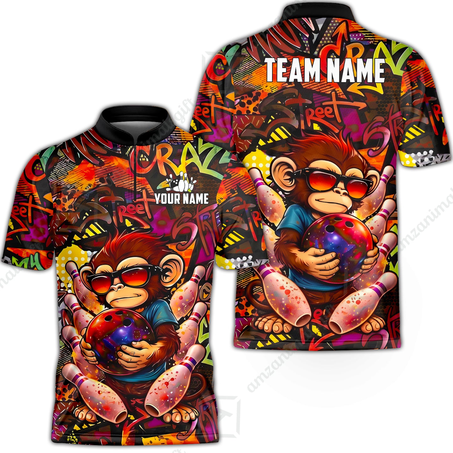 Custom Bowling Jersey Polo Shirt, Street Graffiti Funny Monkey Mascot, Custom Bowling Jersey Team Shirt For Players With Name & Team Name