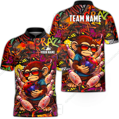 Custom Bowling Jersey Polo Shirt, Street Graffiti Funny Monkey Mascot, Custom Bowling Jersey Team Shirt For Players With Name & Team Name