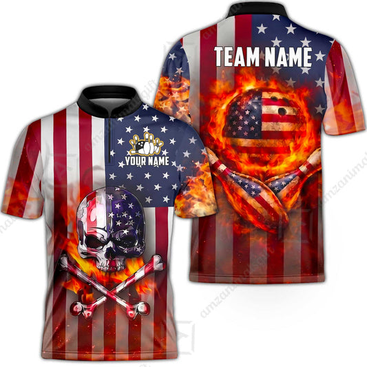 Customized Patriotic Flaming Skull Bowling Jersey, Custom Name And Team Name For Bowlers