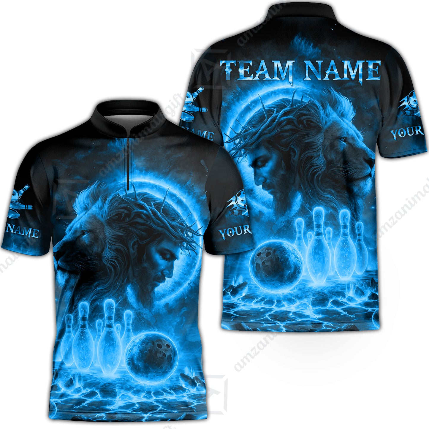 Custom Bowling Team Short Sleeve Men Polo Shirt, Flame The Lion OF Judah With Bowling, Custom Name and Team Name for Bowlers