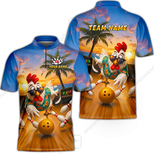 Custom Bowling Jersey Polo Shirt, Funny Tropical Hawaiian Rooster Strike, Custom Bowling Jersey Team Shirt For Players With Name and Team Name