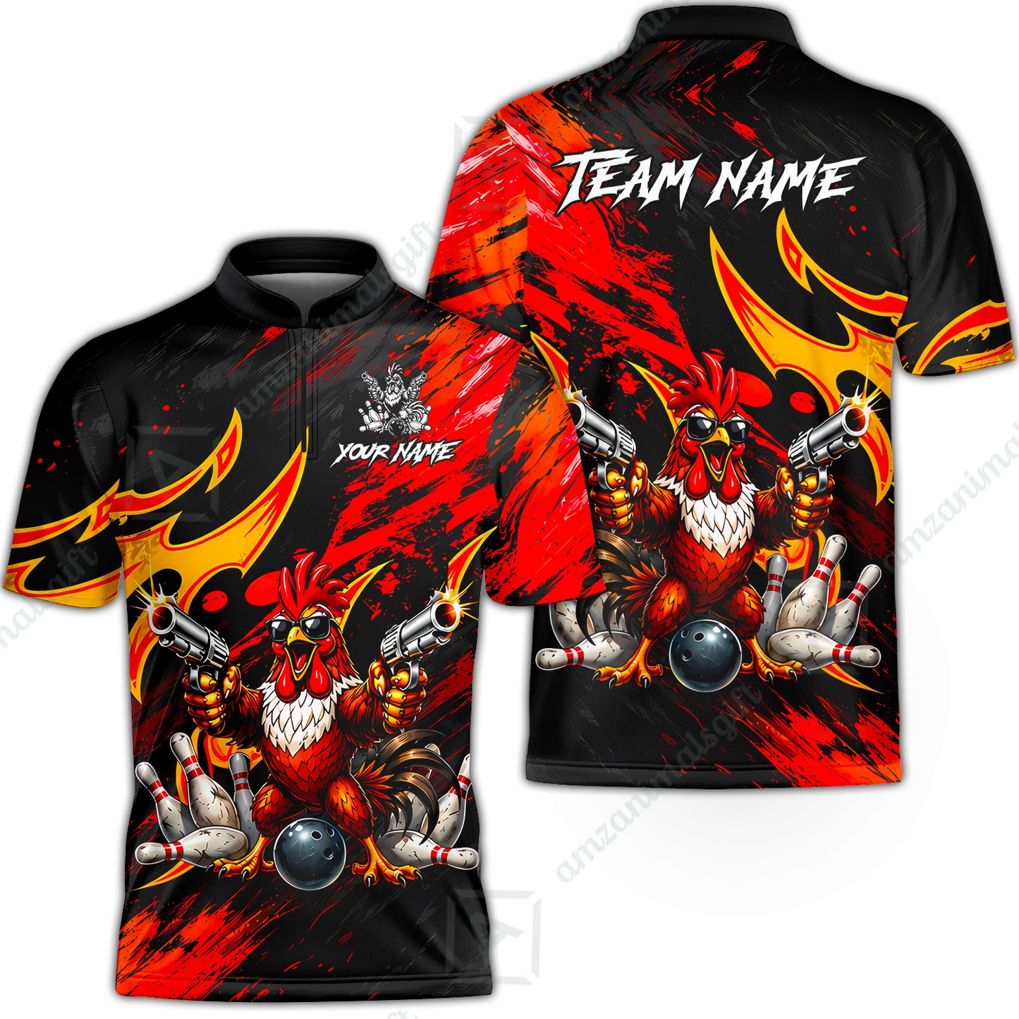 Custom Bowling Jersey Polo Shirt, Rooster With Gun, Custom Bowling Jersey Team Shirt For Players With Name and Team Name