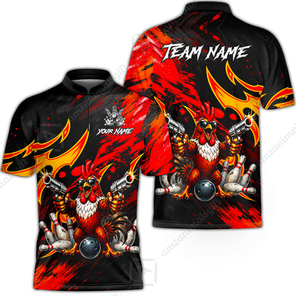 Custom Bowling Jersey Polo Shirt, Rooster With Gun, Custom Bowling Jersey Team Shirt For Players With Name and Team Name