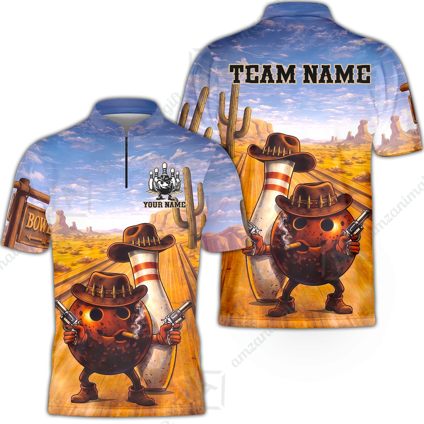Custom Bowling Jersey Polo Shirt, Wild West Cowboy Gunslinger, Custom Bowling Jersey Team Shirt For Players With Name and Team Name