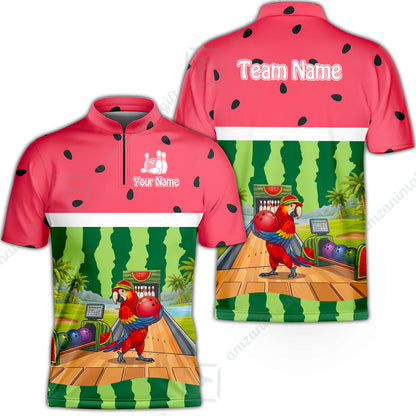 Custom Bowling Jersey Polo Shirt, Tropical Watermelon Parrot Macaw, Custom Bowling Jersey Team Shirt For Players With Name and Team Name
