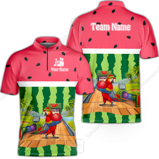 Custom Bowling Jersey Polo Shirt, Tropical Watermelon Parrot Macaw, Custom Bowling Jersey Team Shirt For Players With Name and Team Name