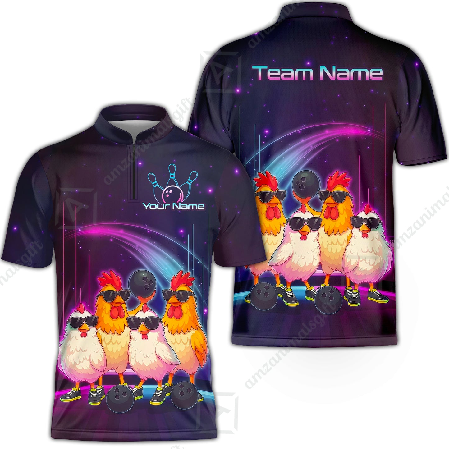 Custom Bowling Jersey Polo Shirt, Funny Cool Chickens Neon Cosmic, Custom Bowling Jersey Team Shirt For Players With Name & Team Name