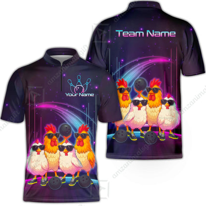 Custom Bowling Jersey Polo Shirt, Funny Cool Chickens Neon Cosmic, Custom Bowling Jersey Team Shirt For Players With Name & Team Name