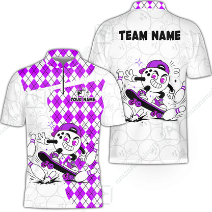 Custom Bowling Jersey Polo Shirt, Skateboarder Bowling Ball Mascot, Custom Bowling Jersey Team Shirt For Players With Name and Team Name