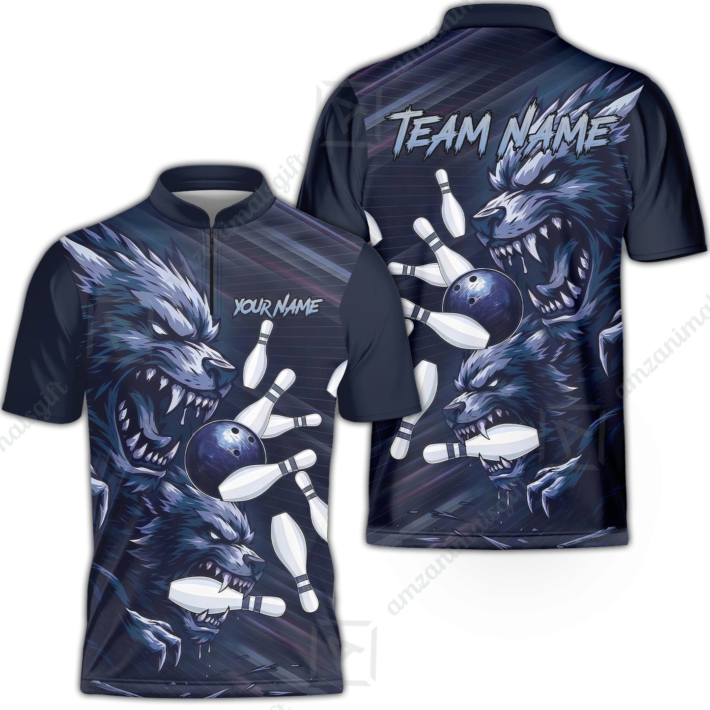 Custom Bowling Jersey Polo Shirt, Wolf Biting Bowling Pin Custom Bowling Jersey Team Shirt For Players With Name & Team Name