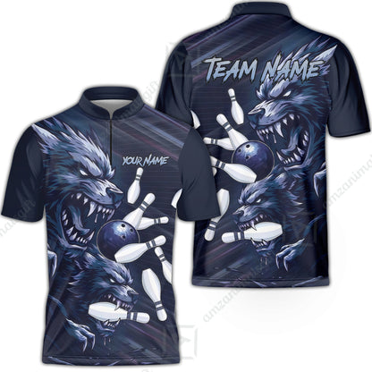 Custom Bowling Jersey Polo Shirt, Wolf Biting Bowling Pin Custom Bowling Jersey Team Shirt For Players With Name & Team Name