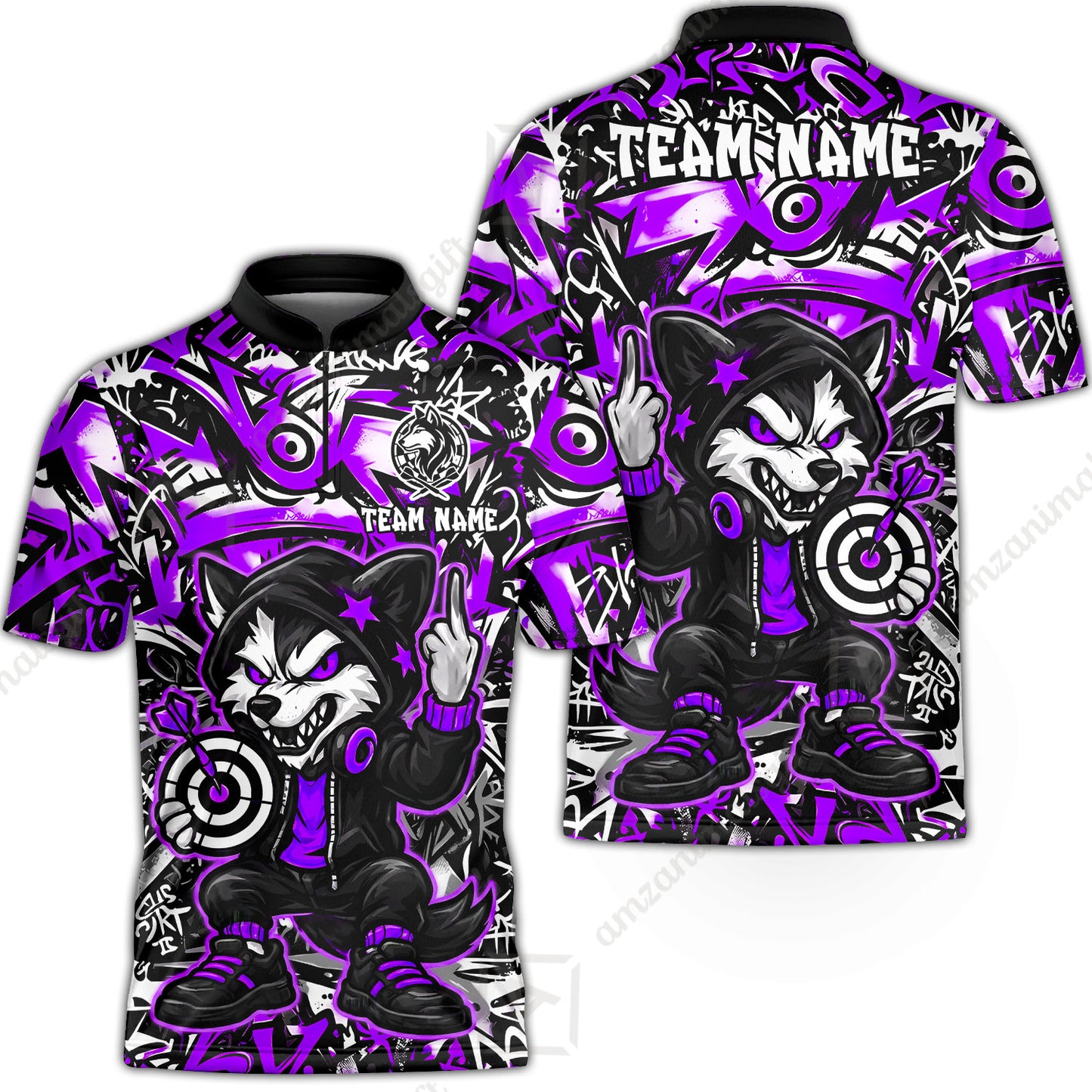 Customized Darts Team Uniform Shirt, Cool Cartoon Wolf With Dartboard, Personalized Name And Team Name
