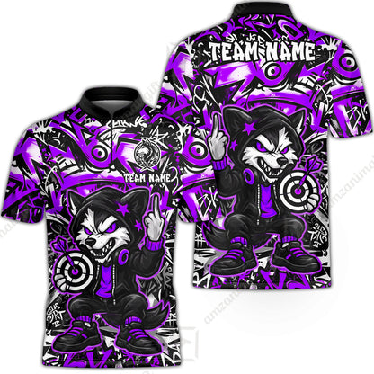 Customized Darts Team Uniform Shirt, Cool Cartoon Wolf With Dartboard, Personalized Name And Team Name