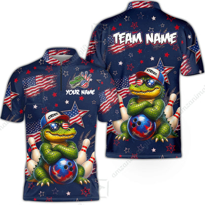 Custom Bowling Jersey Polo Shirt, Cool Patriotic Alligator Mascot, Custom Bowling Jersey Team Shirt For Players With Name and Team Name