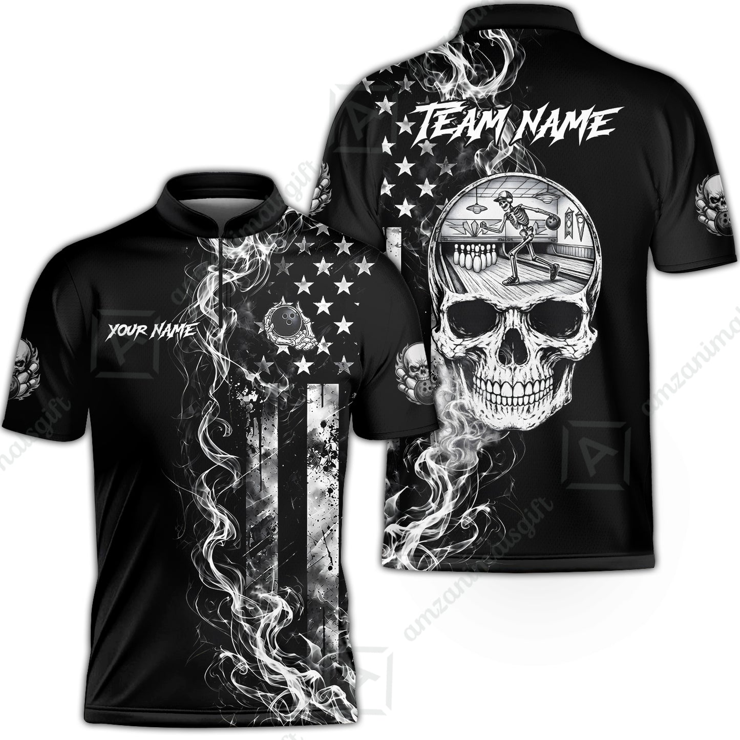 Custom Bowling Jersey Polo Shirt, Gothic Skeleton Skull Strike, Custom Bowling Jersey Team Shirt For Players With Name and Team Name