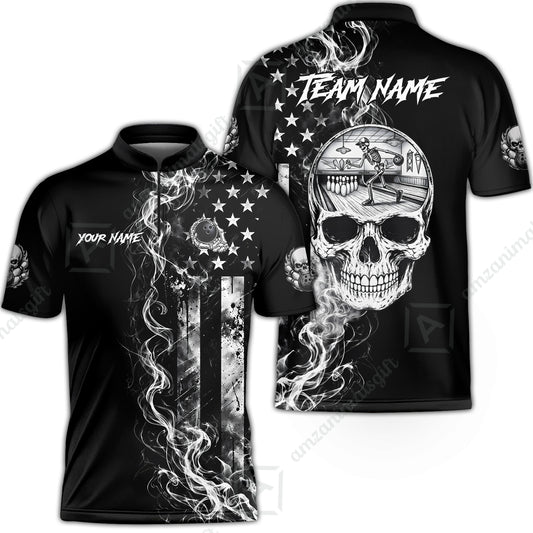 Custom Bowling Jersey Polo Shirt, Gothic Skeleton Skull Strike, Custom Bowling Jersey Team Shirt For Players With Name and Team Name