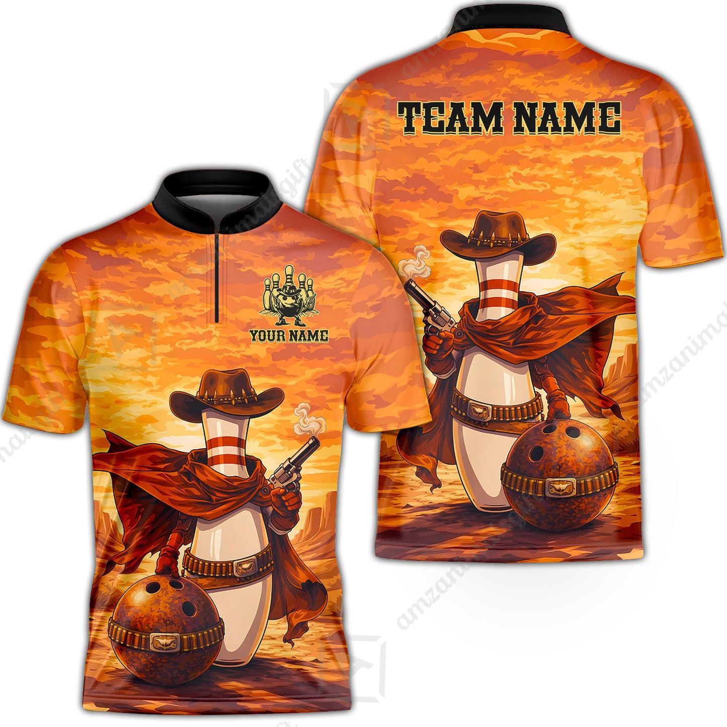 Custom Bowling Jersey Polo Shirt, Pin Cowboy Bowling Sunset, Custom Bowling Jersey Team Shirt For Players With Name and Team Name