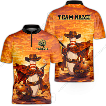Custom Bowling Jersey Polo Shirt, Pin Cowboy Bowling Sunset, Custom Bowling Jersey Team Shirt For Players With Name and Team Name