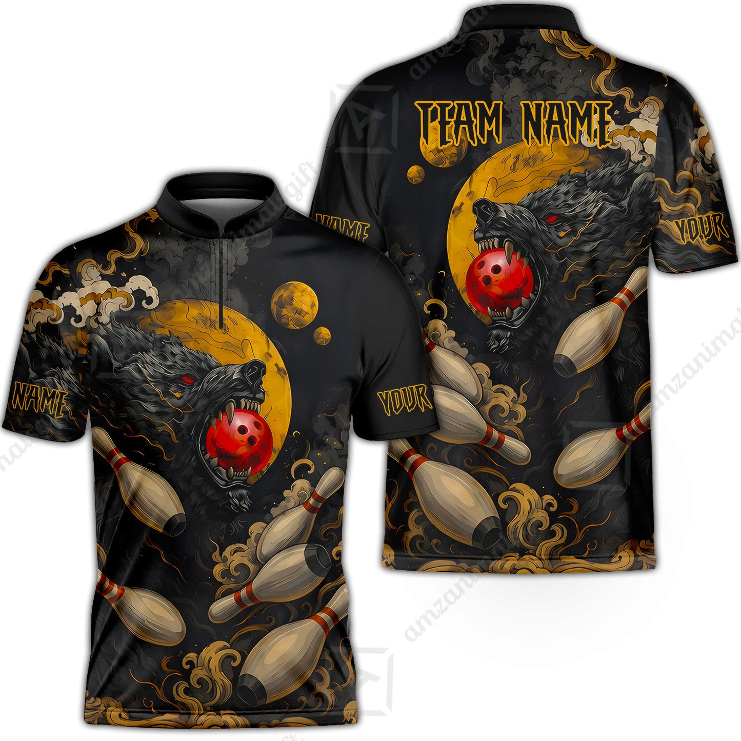 Custom Bowling Jersey Polo Shirt, Bowling And Pin Wolf Moon Smoke Japan Style, Personalize Name and Team Name