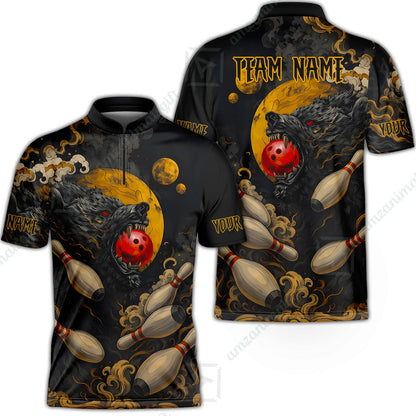 Custom Bowling Jersey Polo Shirt, Bowling And Pin Wolf Moon Smoke Japan Style, Personalize Name and Team Name