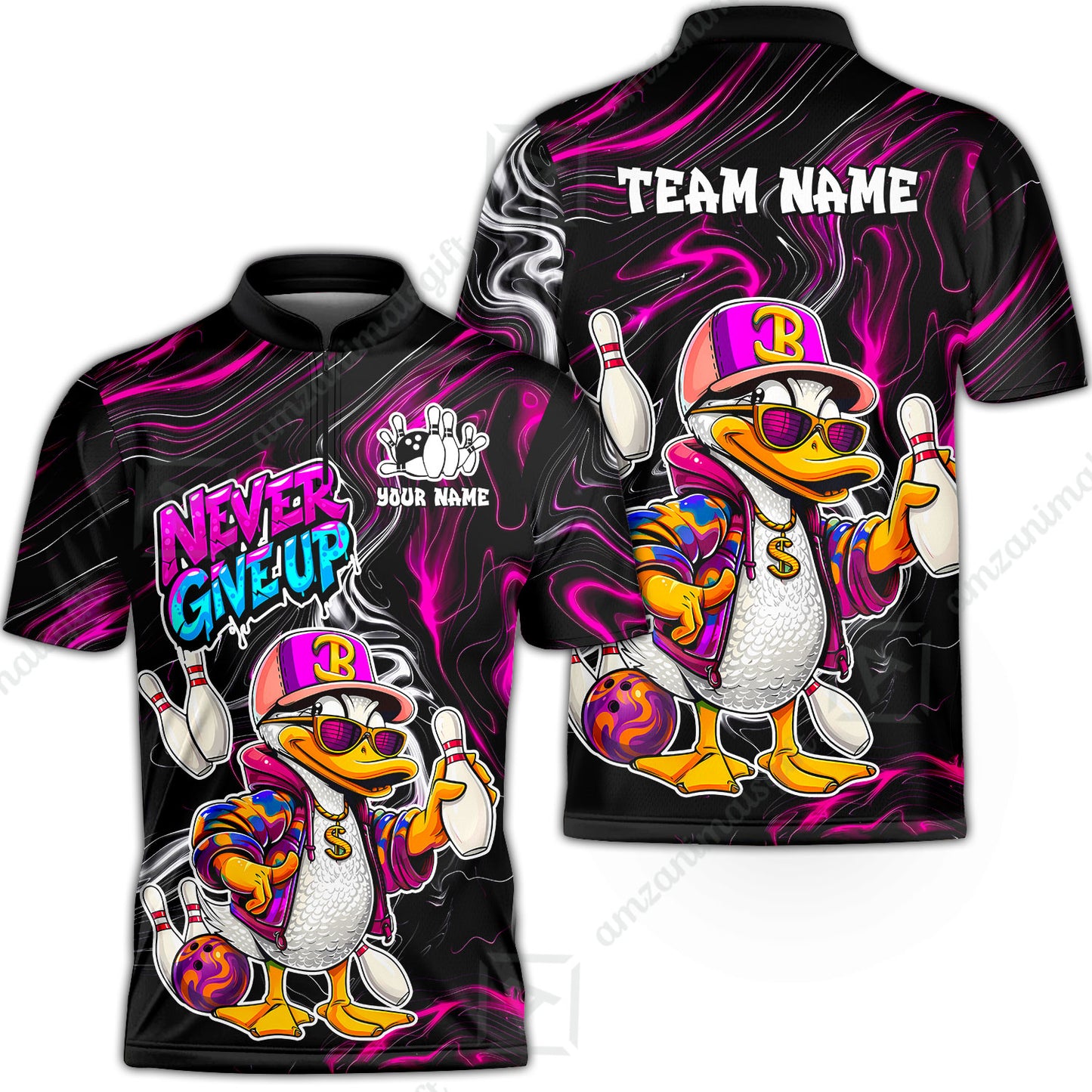 Custom Bowling Jersey Polo Shirt, Duck Never Give Up, Custom Bowling Jersey Team Shirt For Players With Name & Team Name