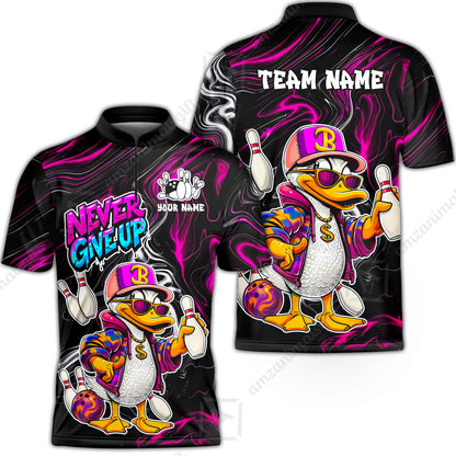 Custom Bowling Jersey Polo Shirt, Duck Never Give Up, Custom Bowling Jersey Team Shirt For Players With Name & Team Name
